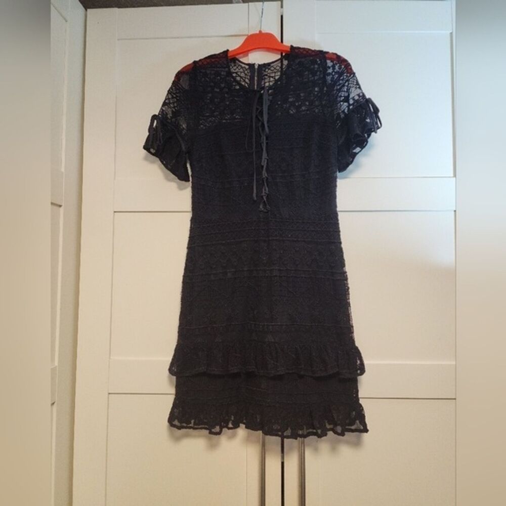 Parker Black Lace Mini Dress Women’s Medium Ruffle Hem Sheer Overlay Boho Goth